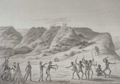 Meeting with Malgana people at Cape Peron by Jacques Arago, de Freycinet's artist. Image courtesy National Library Australia