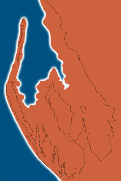 During ice ages, including the one about 10,000 years ago, the coastline was up to 100km further west than it is today. On this diagram land is orange, the approximate coastline is white and blue is ocean.